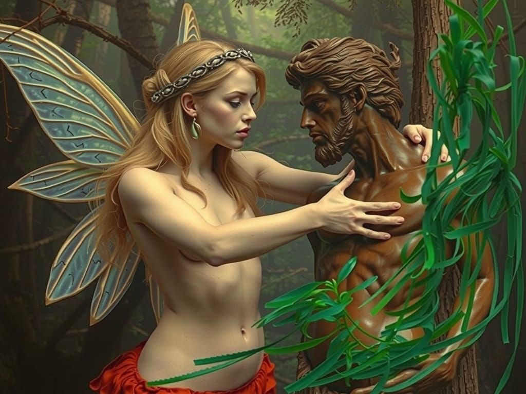 Blond Fairy Statue Holding Man's Head Cinematic Film Still