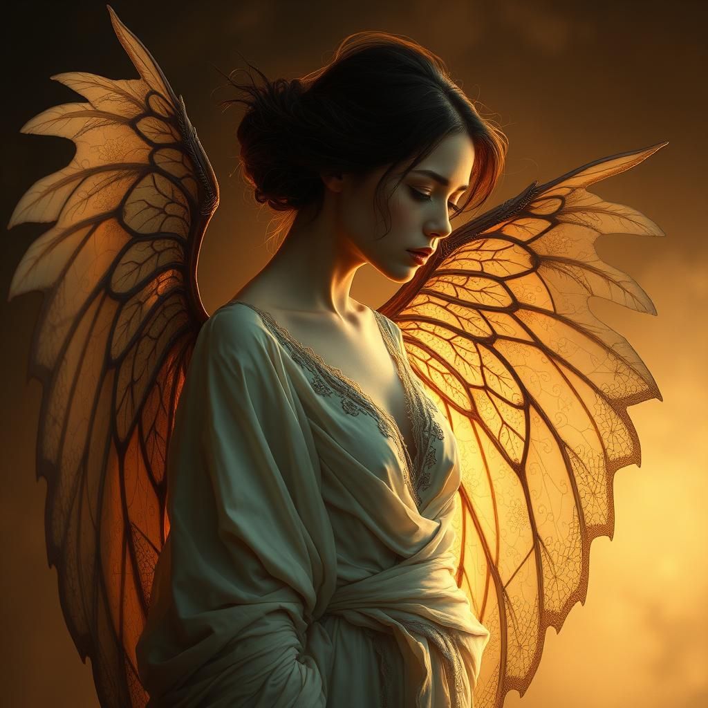 Ethereal Woman with Wings in Surreal Style