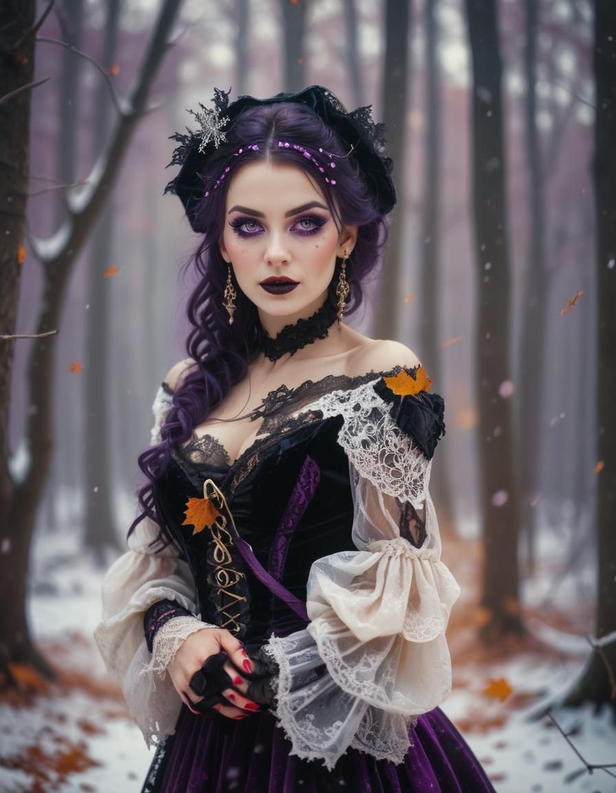 Gothic Pirate Beauty Dances in Autumn Forest