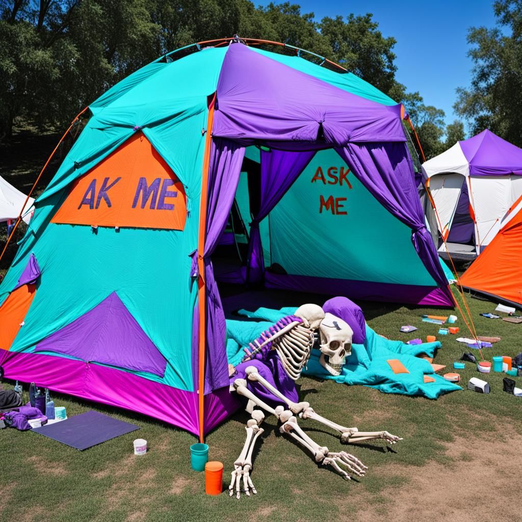 Protest Encampment with Neon Unicorn Skeleton
