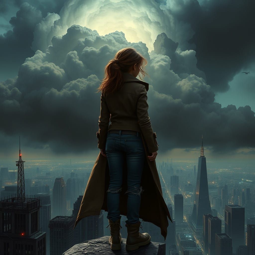 Dystopian Girl Stands atop Ruined Skyscraper in Futuristic S...