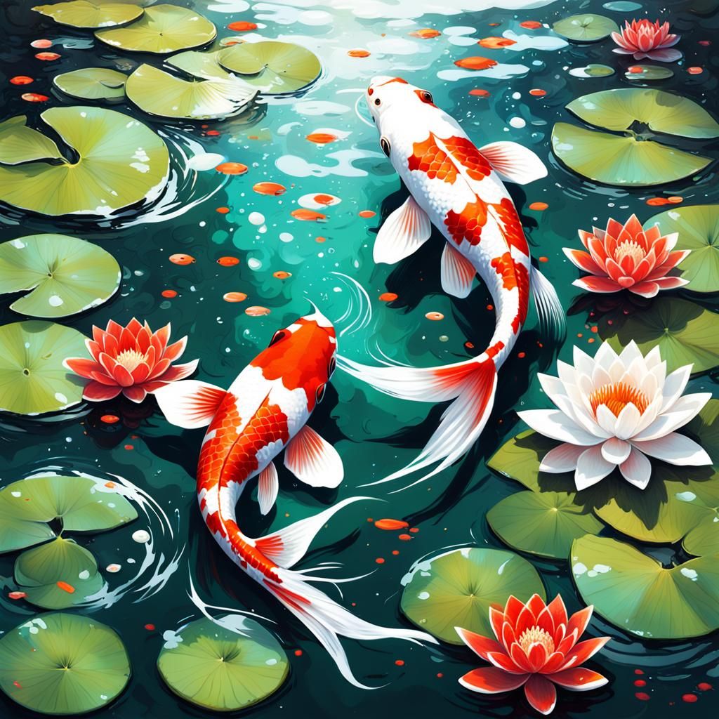 Koi Fish in Shimmering Pond Graffiti Art