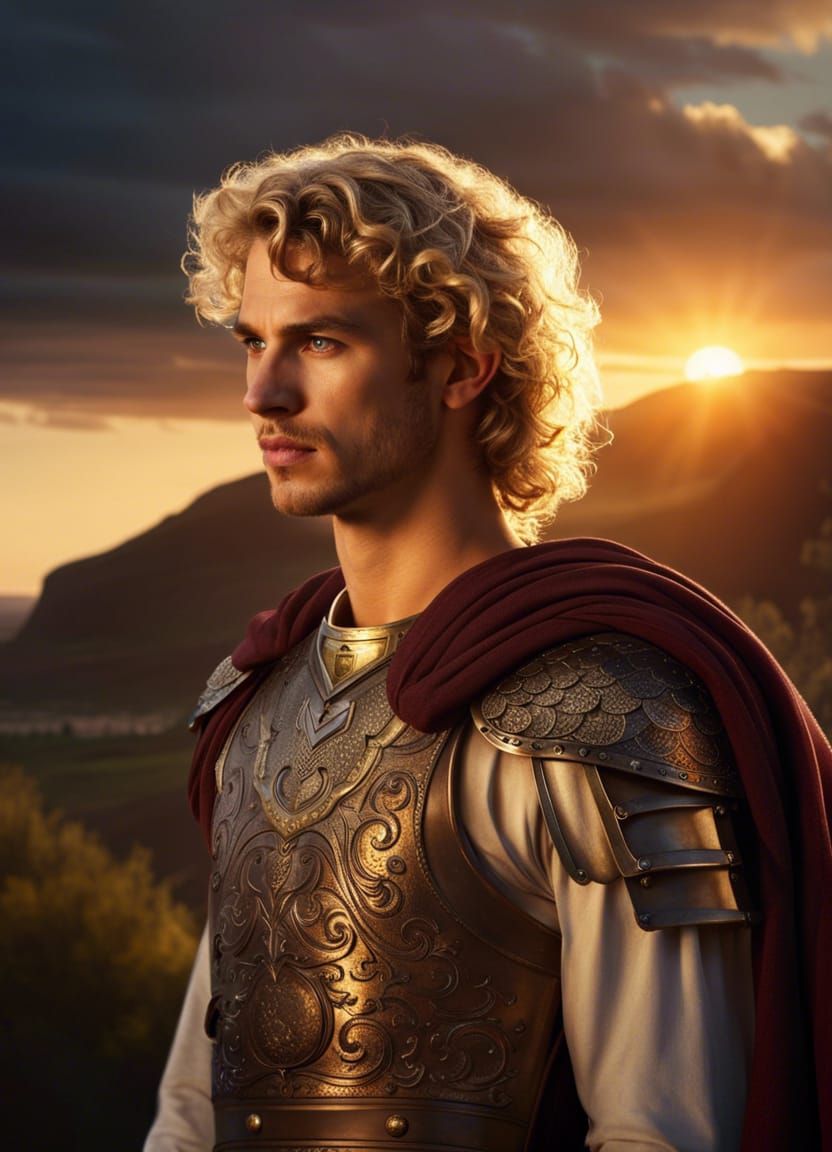 Young Man in Greek Armor at Sunset, Fantasy Art