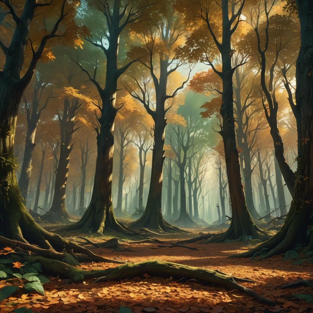 Golden Light Through Forest Canopy: Fantasy Concept Art