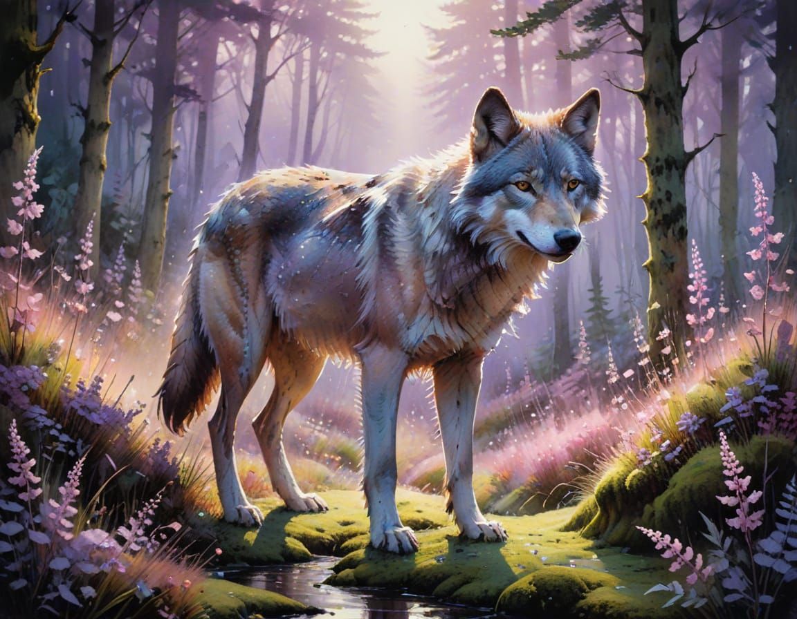 Mystic Wolf in Chromatic Twilight Vale: Watercolour Art