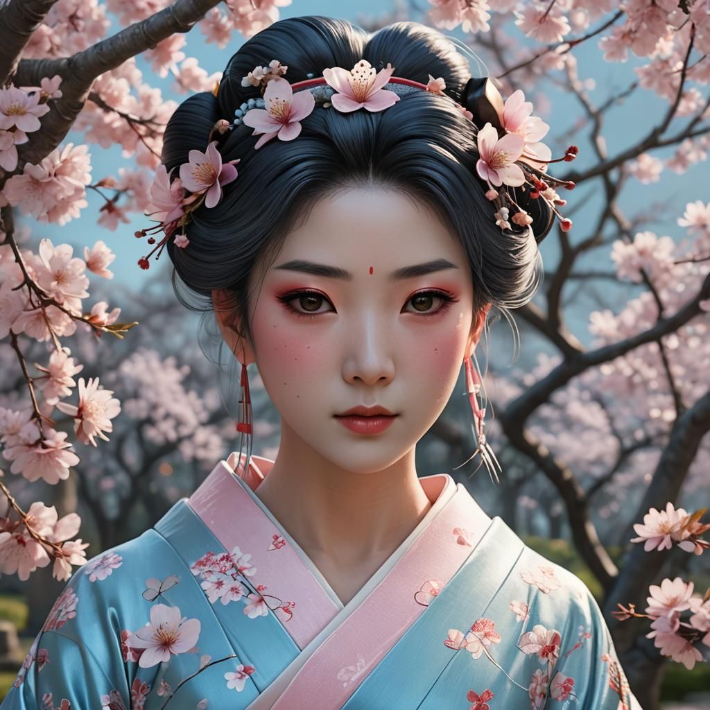 Geisha with Cherry Blossom Hair in 3D Anime Art
