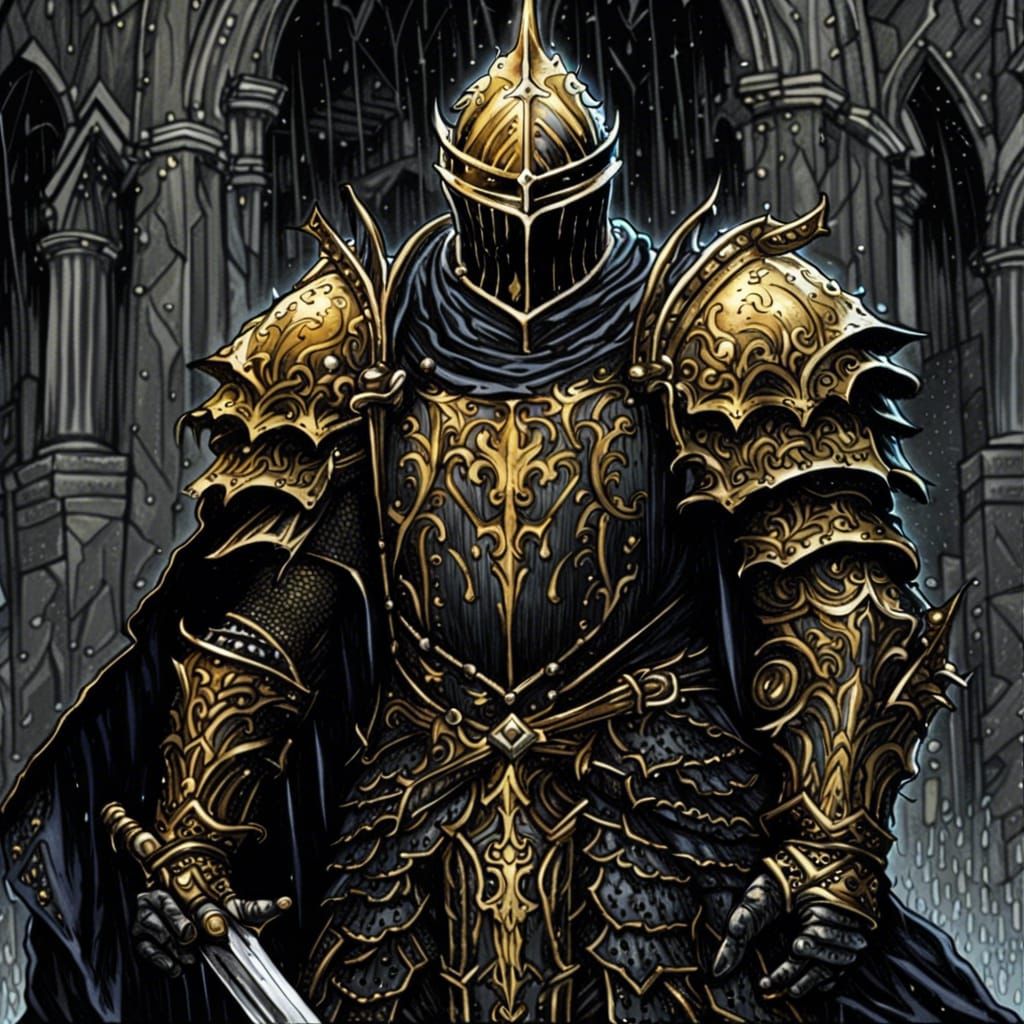 Grimdark Unholy Paladin in Gilded Armor Under Rain