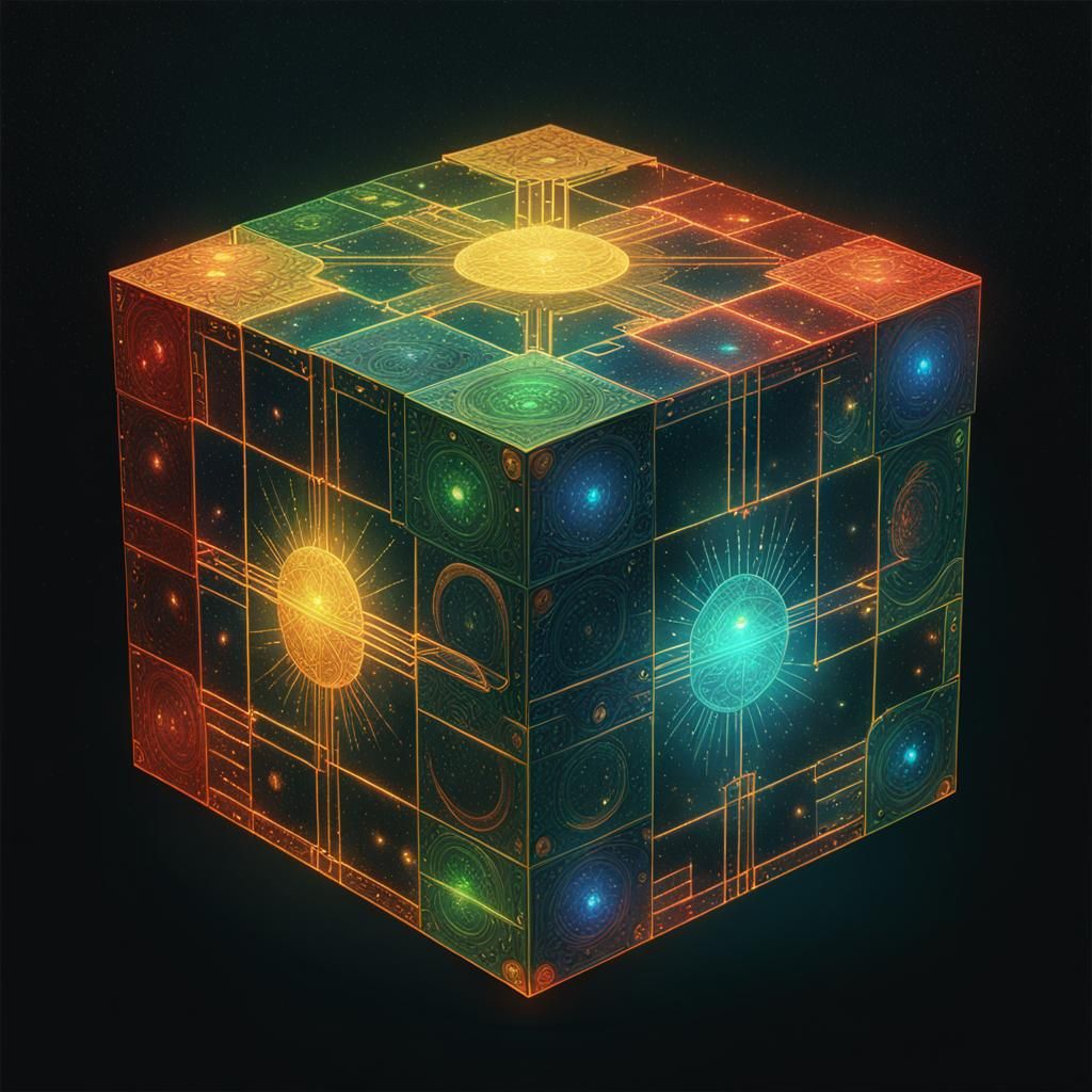 Galactic Voynich Cube in Pixel Art Style