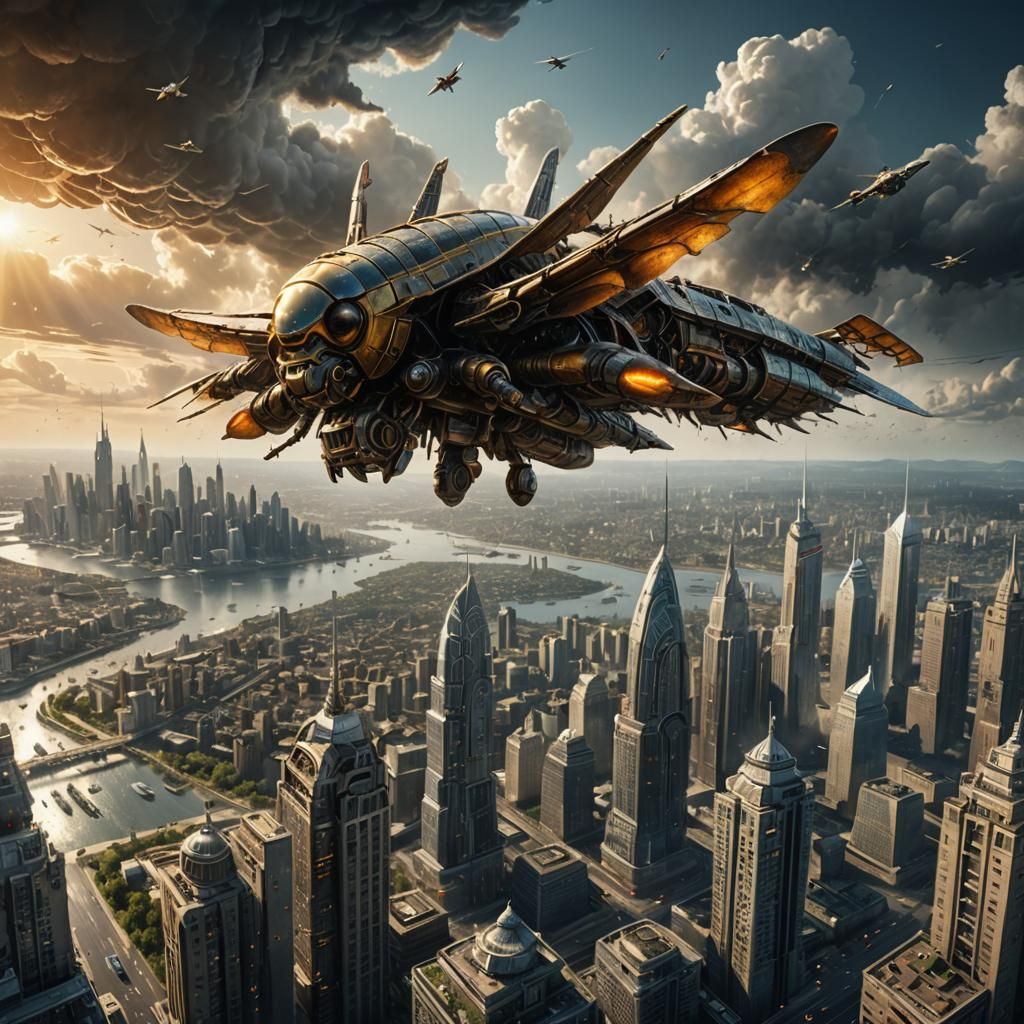 Gigantic Hornet Spaceship Over City in Digital Art Style