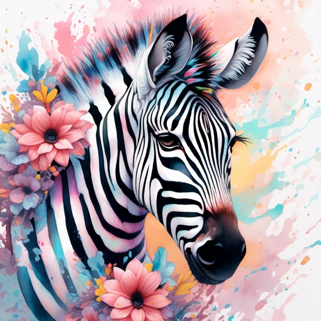 Pastel Zebra with Watercolor Flowers