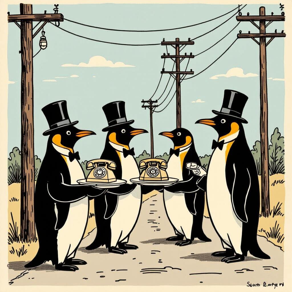 Penguins Serving Telephones: Stylized Line Drawing