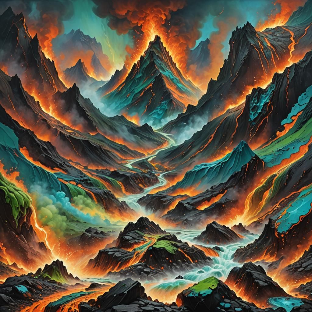 Green Lava Avalanche in Fantasy Landscape Painting