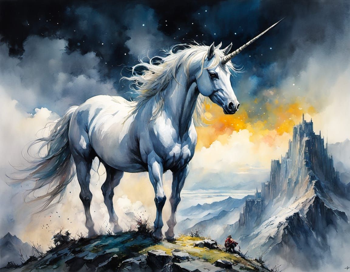 Dramatic Watercolor Unicorn on Mountainous Peak