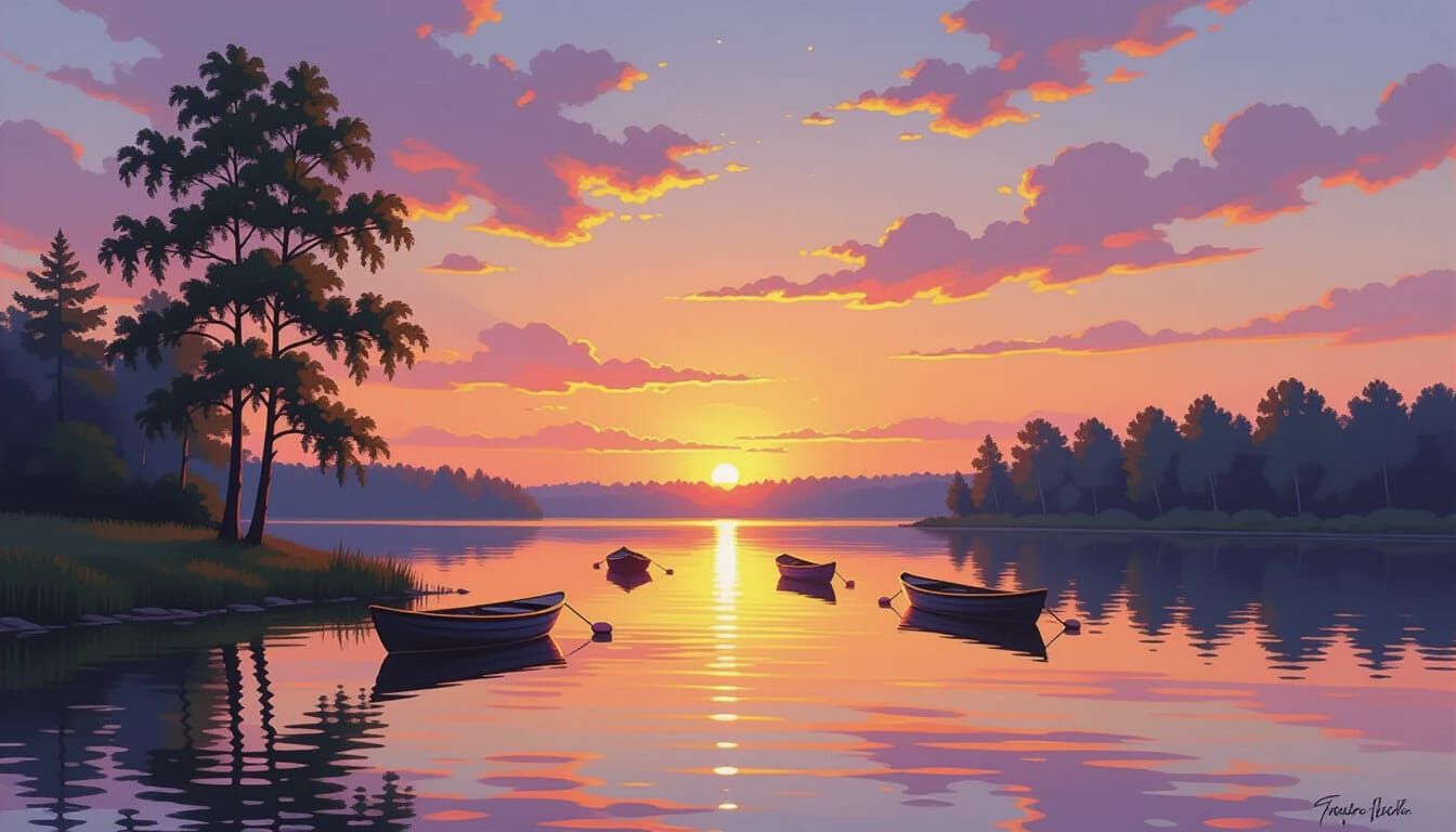 Serene Village Lake Sunset with Cosmic Glow