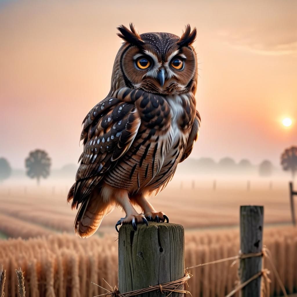 Hyperrealistic Brown Owl in Misty Sunset