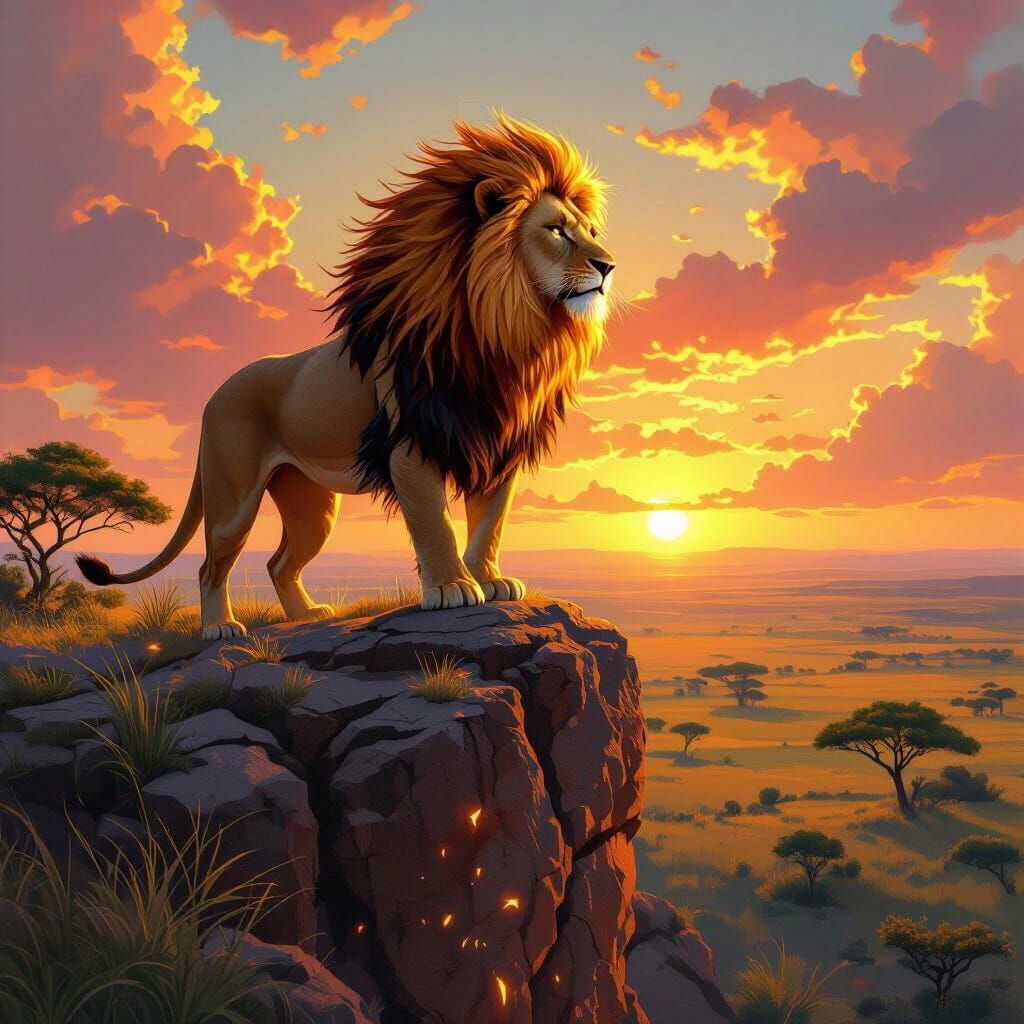 Fiery Lion Overlooking Savanna, Hyperrealistic Digital Art