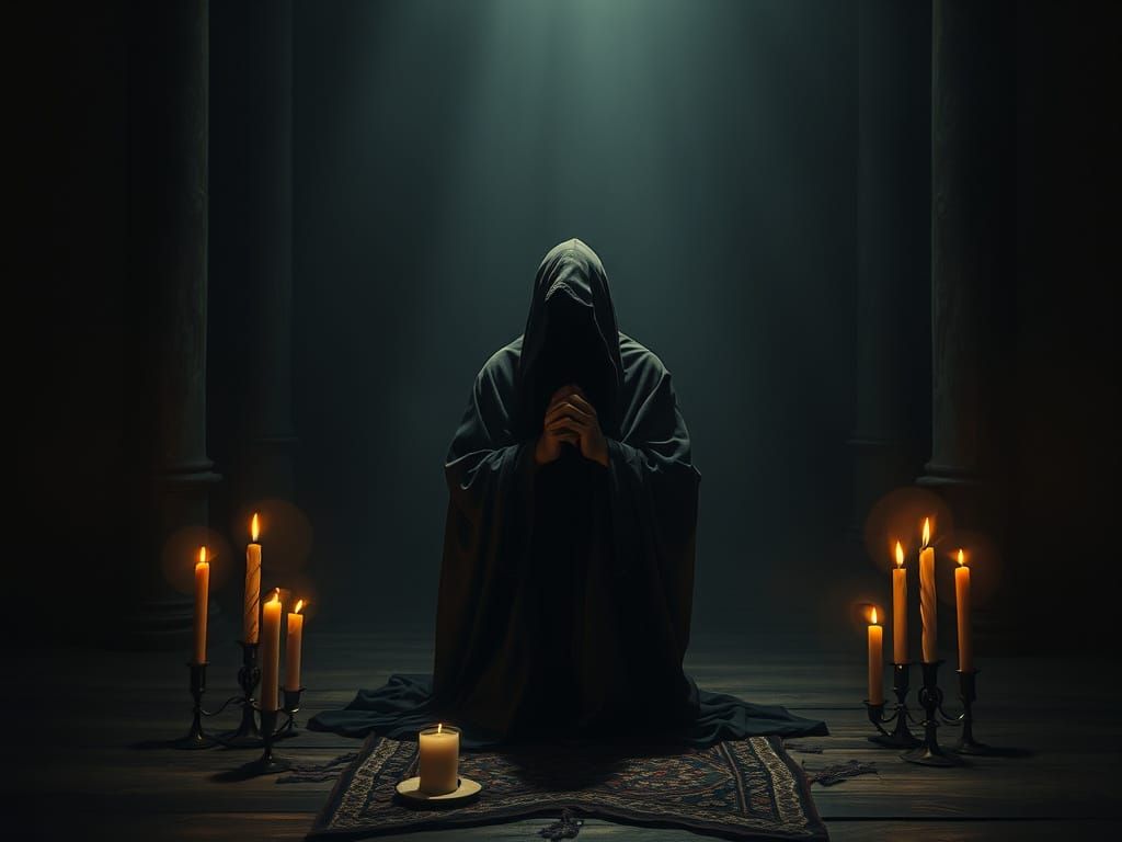 Solemn Figure Praying in Mystical Chamber as Dark Art