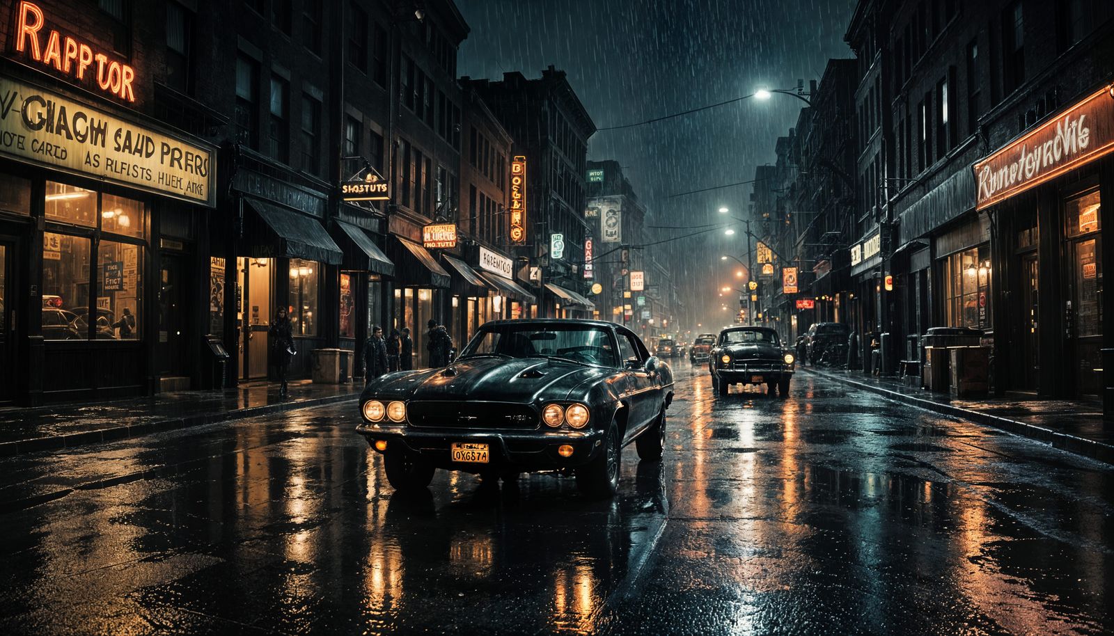 Gotham Film Noir Scene in Rainy Streets