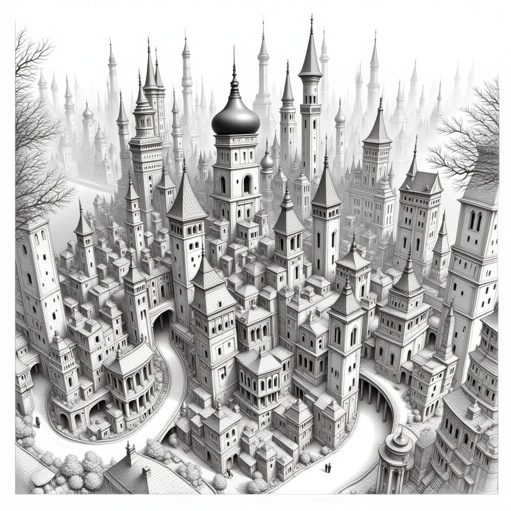 Whimsical City in Detailed Pencil Sketch Style