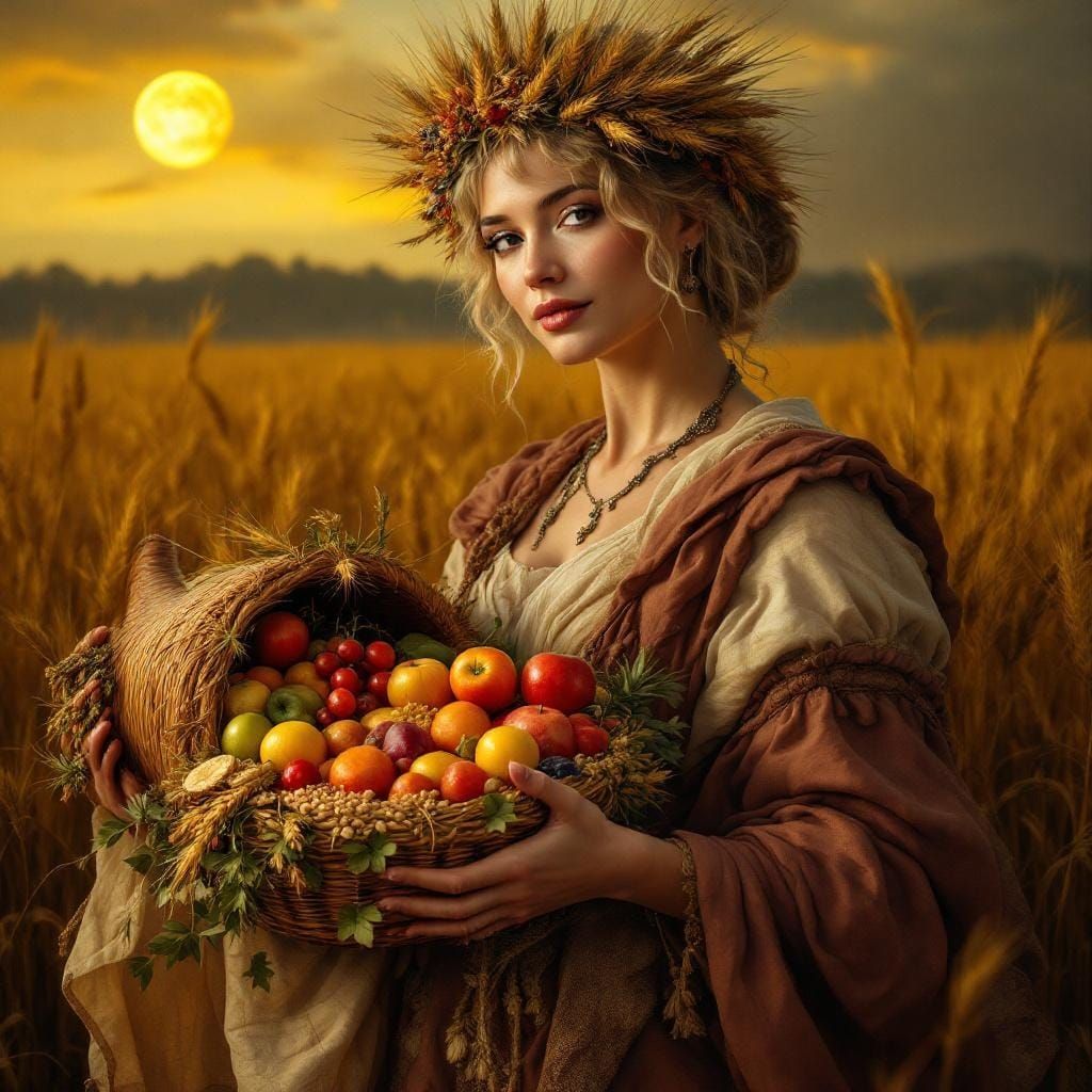 Demeter, Goddess of Harvest, in Golden Wheat Field
