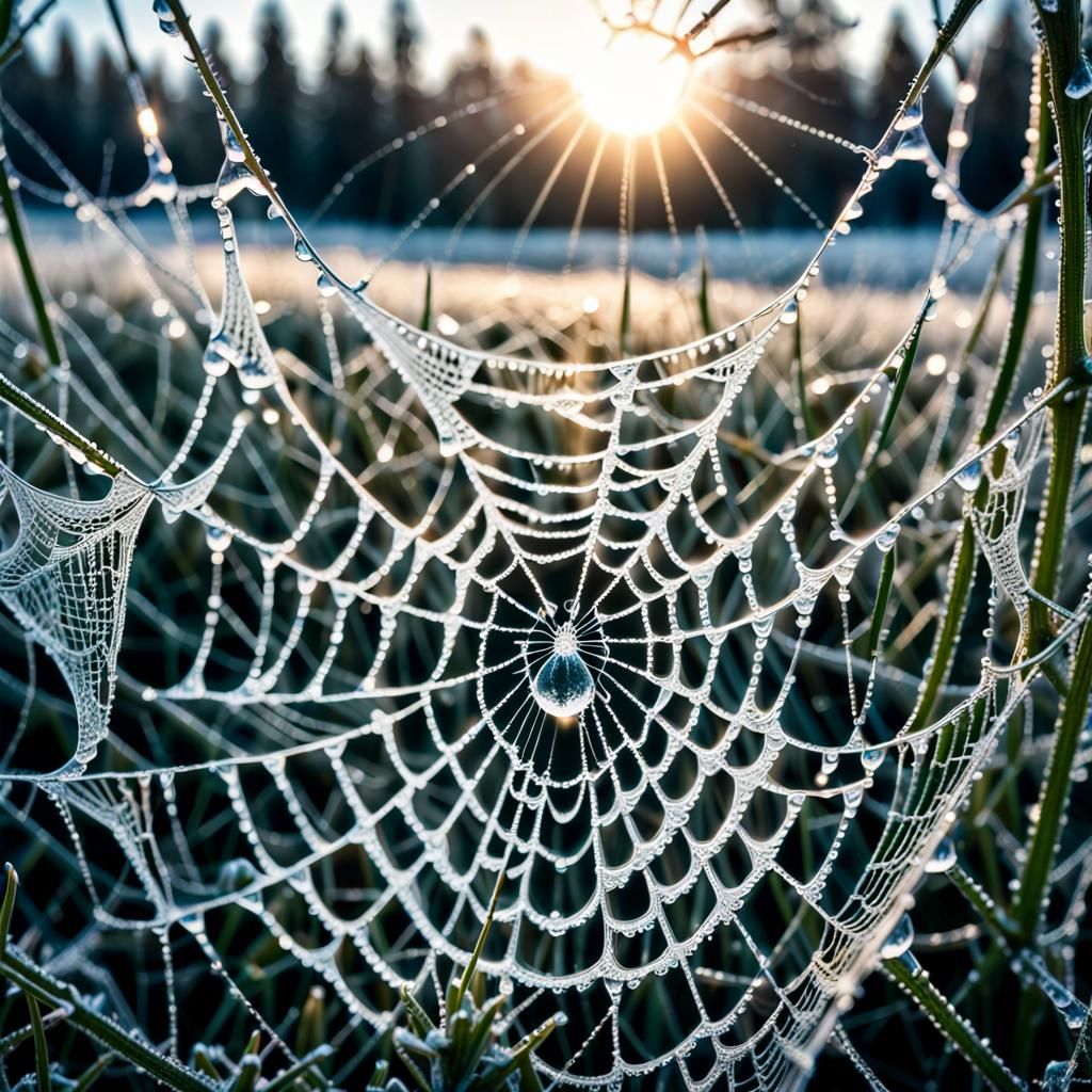 Icy Meadow Through Spiderweb in Morning Dew