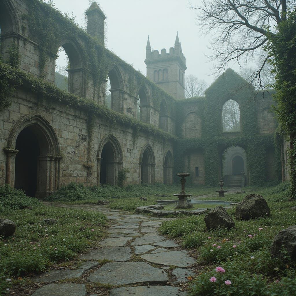 Ruined Palace Reclaimed by Nature in Digital Painting