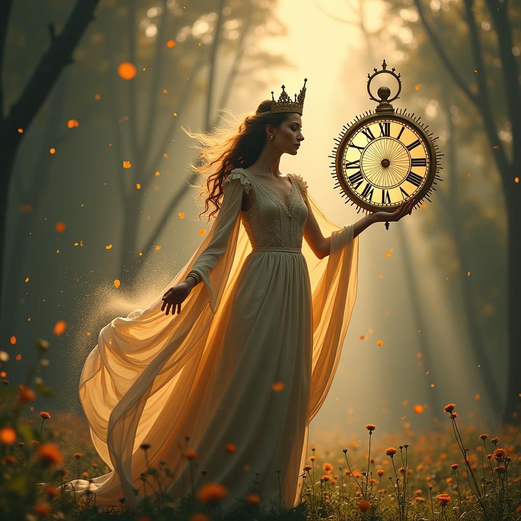 Queen of Clocks Rewinding Time in Surreal Landscape