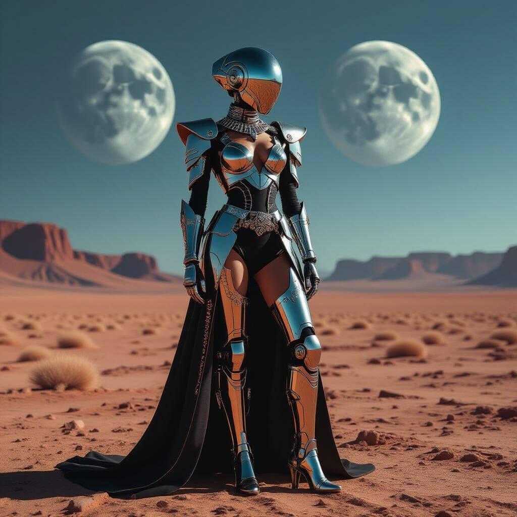 Cyborg Fashionista on Alien Planet with Twin Moons