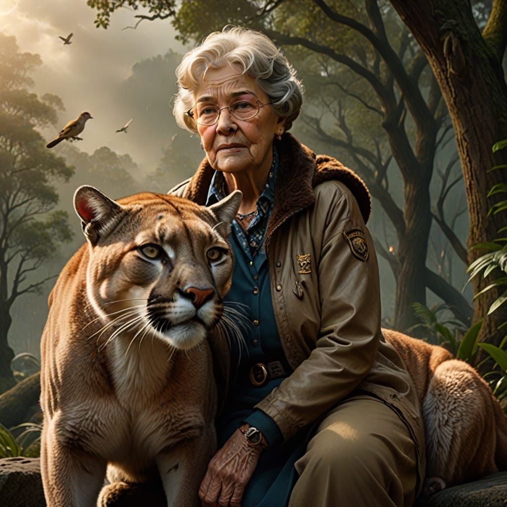 Grandma and Majestic Cougar in Dramatic Cinematic Scene