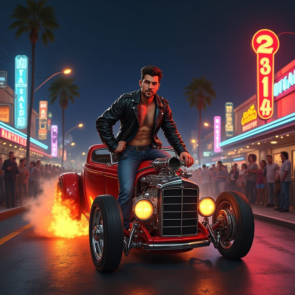Rockabilly Greaser Revving Hot Rod on Neon Street