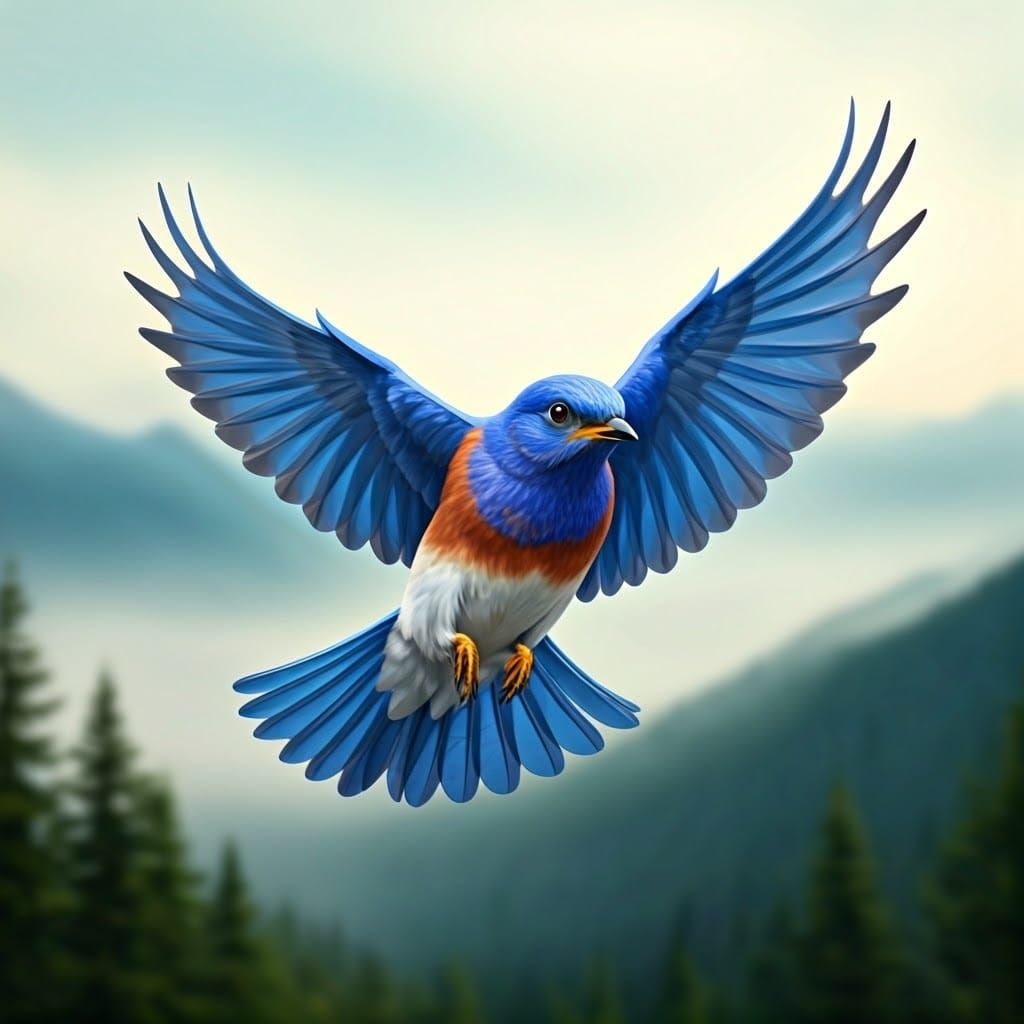 Bluebird in Flight over Misty Mountains