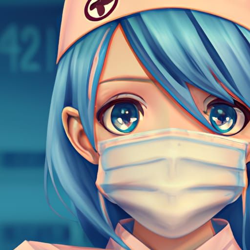 Kind Nurse with Blue Hair in Anime Style