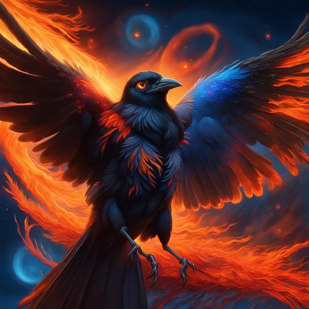 Flaming Crow in Night Sky: Fantasy Concept Art
