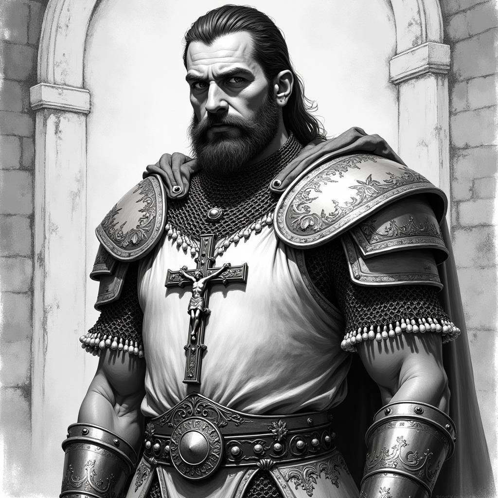 Italian Man in Chainmail, Dramatic Black and White Art