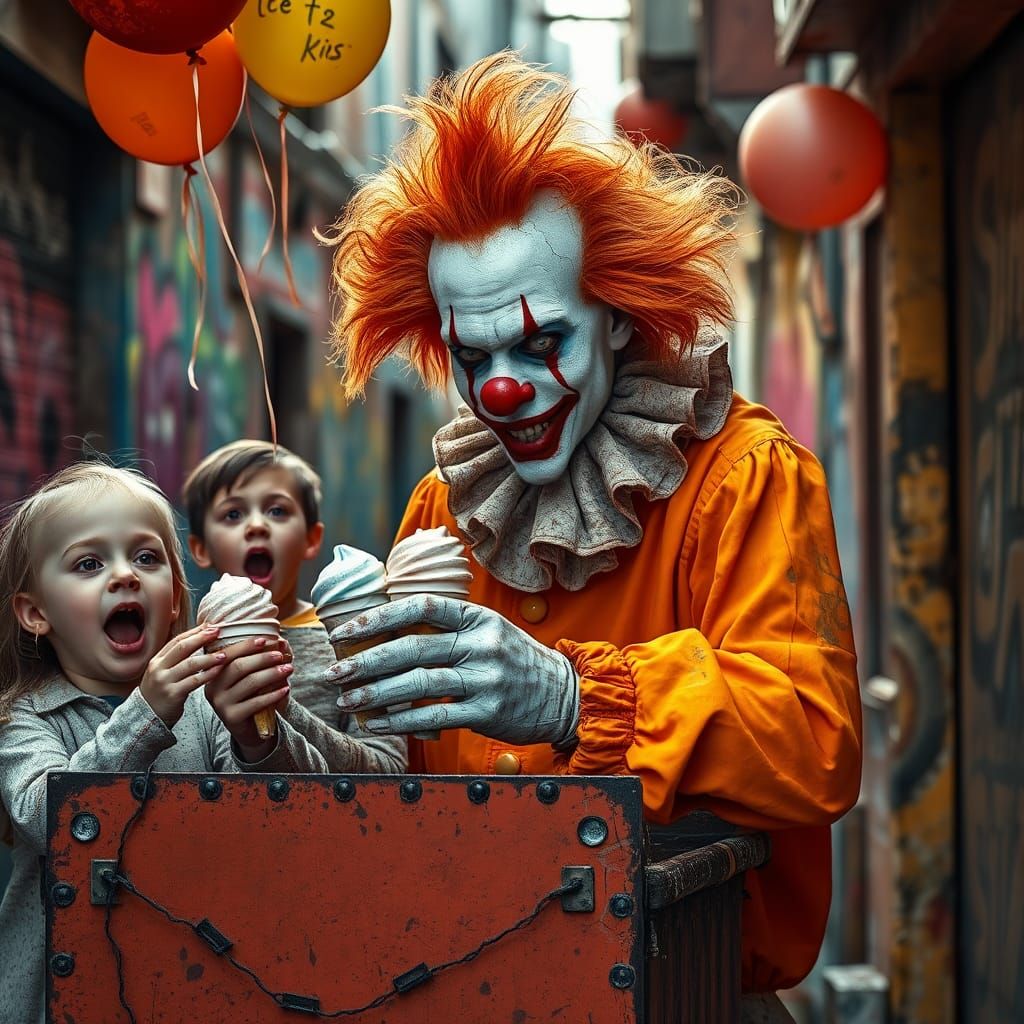 Creepy Clown Giving Ice Cream: Hyperrealistic Digital Art
