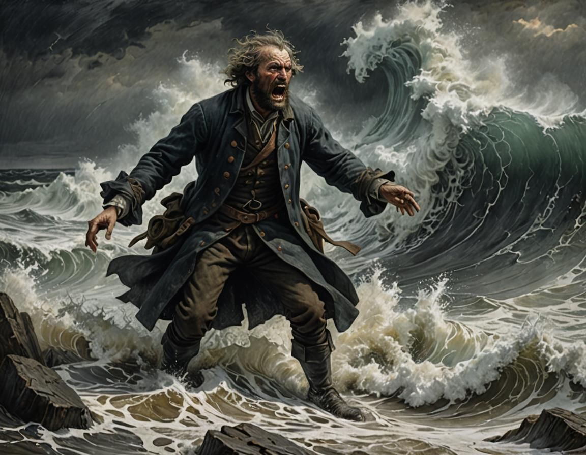 Desperate Man in Stormy Seas: Dark Fantasy Sketch