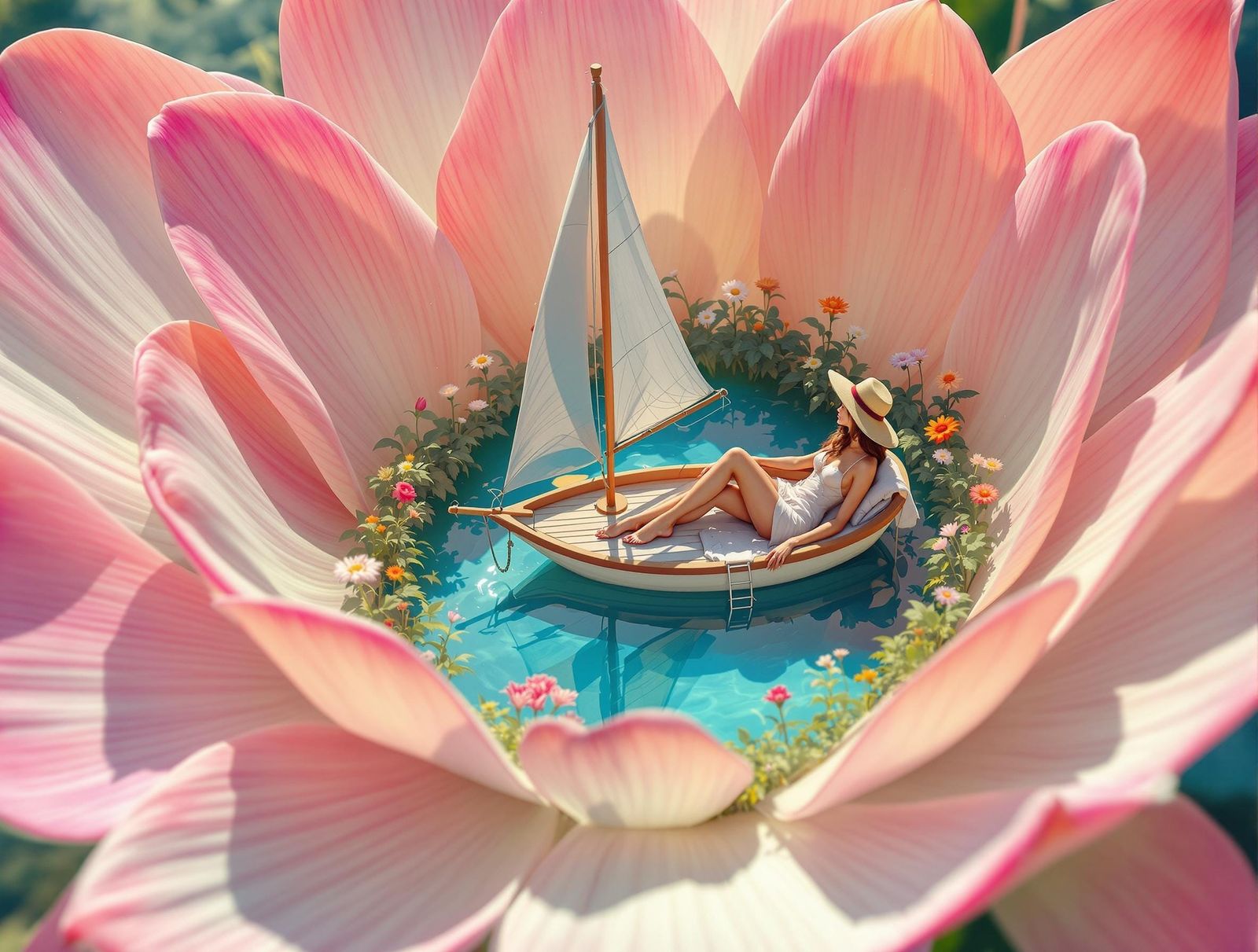 Woman Sailing Flower Boat: Surreal Digital Art