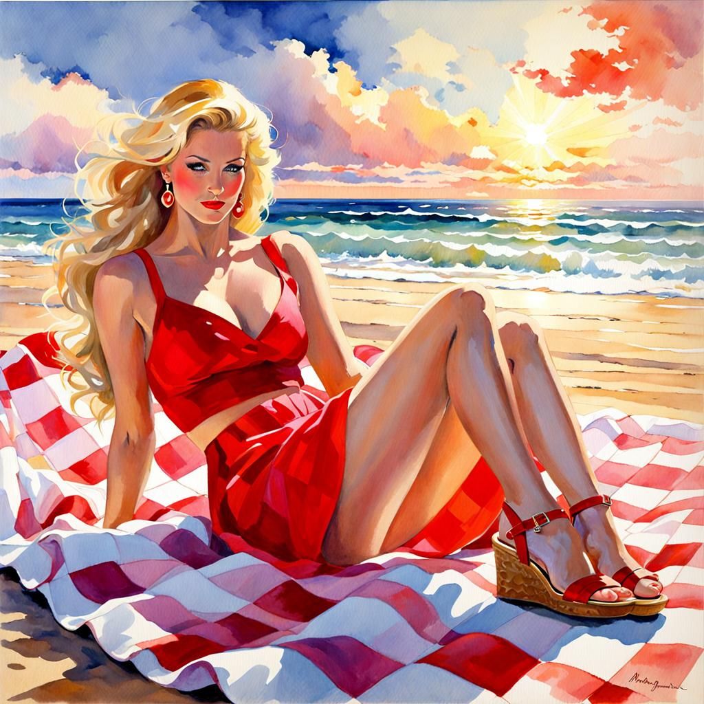 Watercolor Beach Scene with Woman on Blanket