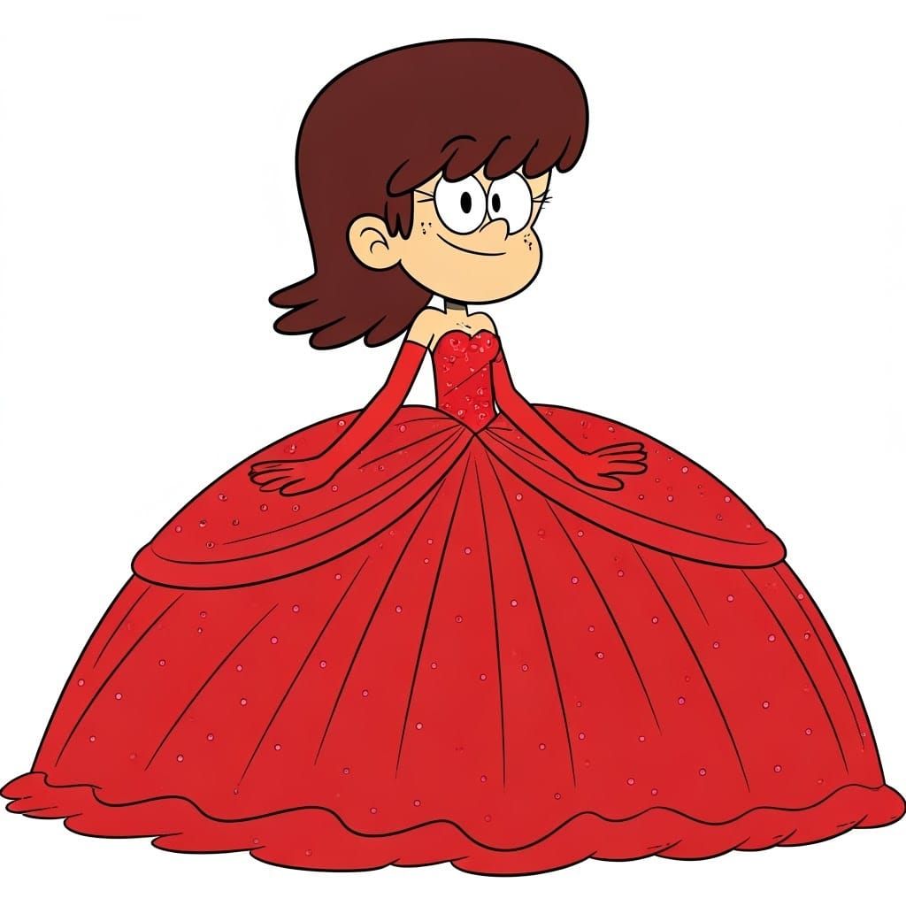The Loud House Cartoon Style: short 12 year old skinny Lynn Loud with her hair down wearing a long large wide floor leng...