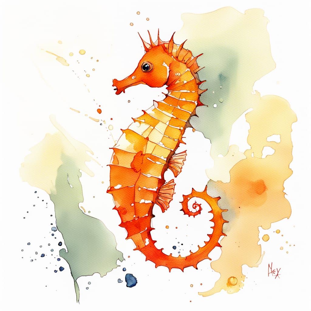 Orange Seahorse in Watercolour Style