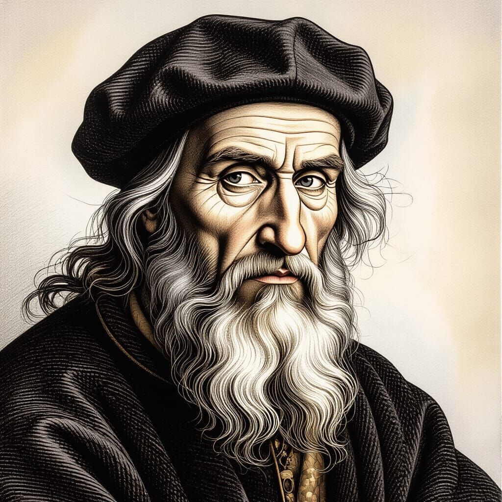 Intricate Durer-Style Drawing of Lifelike Subject