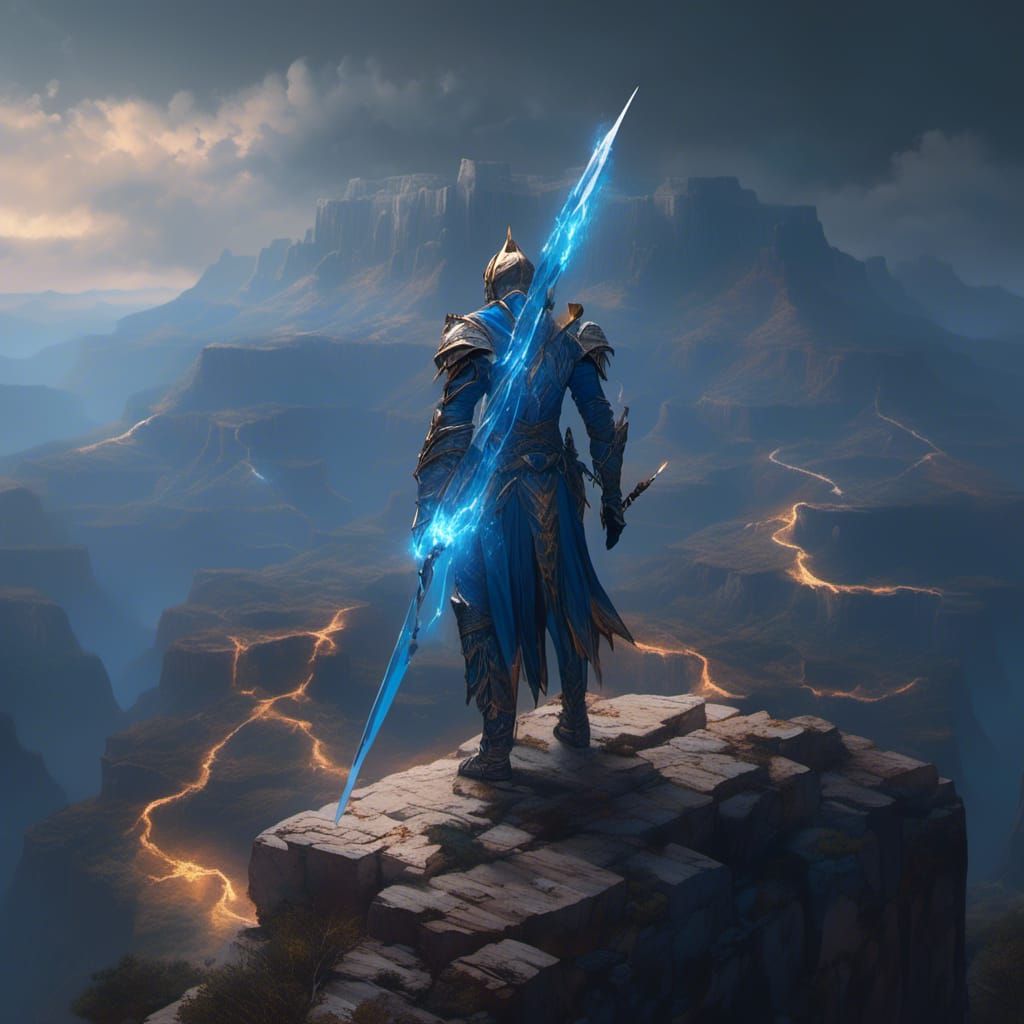 Knight in Glowing Armor Overlooking Grand Canyon