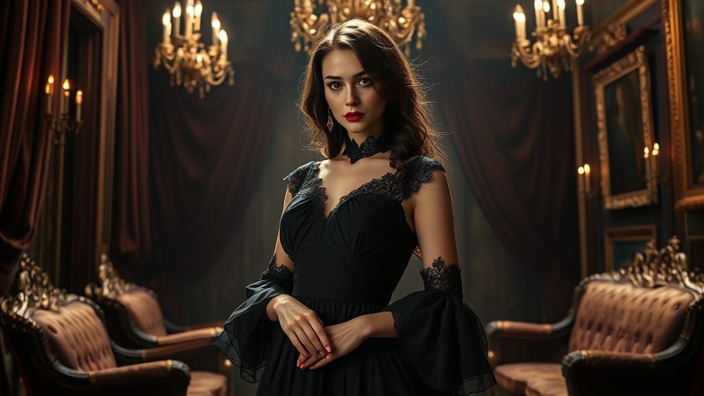 Elegant European Woman in Baroque-Inspired Setting