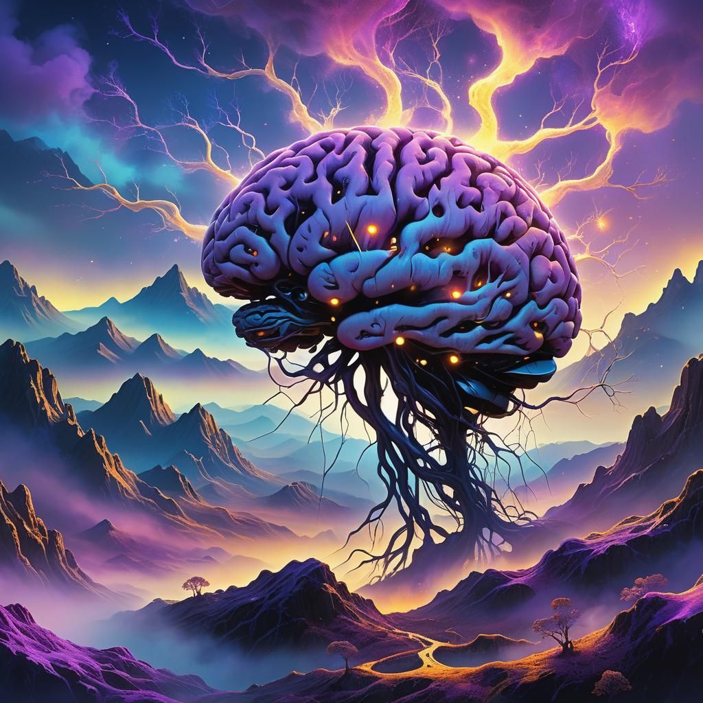 Surreal Brain Landscape with Glowing Neurons