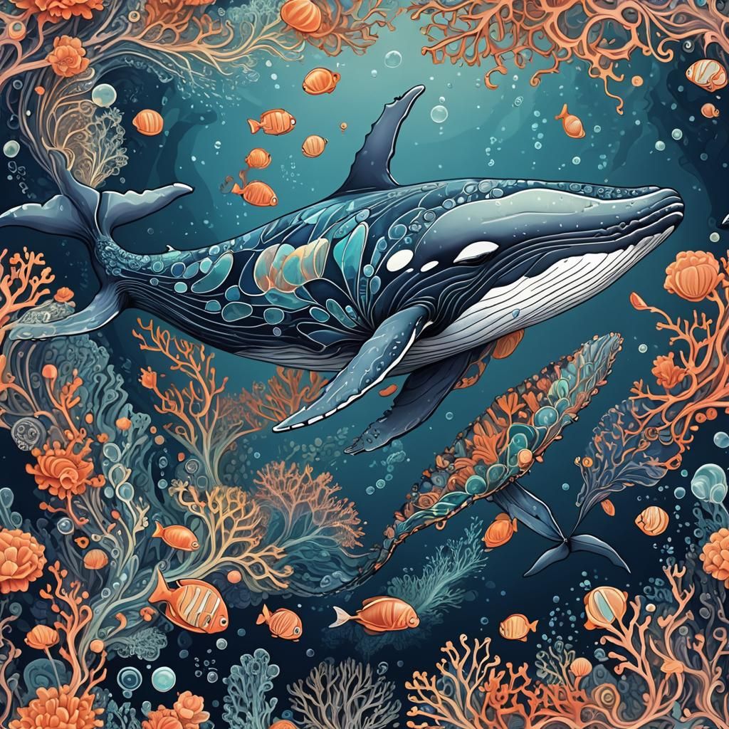Whale Swimming in Ocean with Coral: Abstract Vector Art