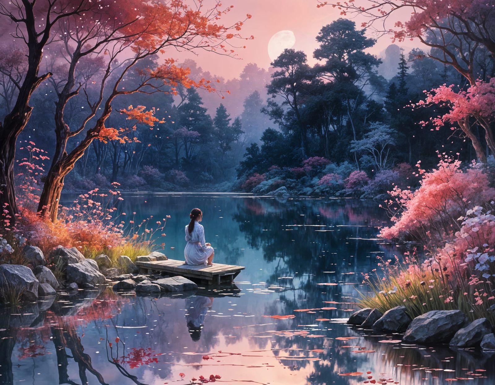 Rainbow Lake Glade at Night in Watercolor