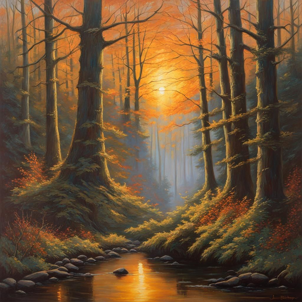 Magical Woodland Sunrise on Christmas Day as Oil Painting