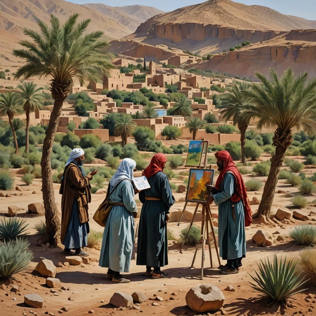 Three Artists Painting in Rural Morocco, Realistic Style
