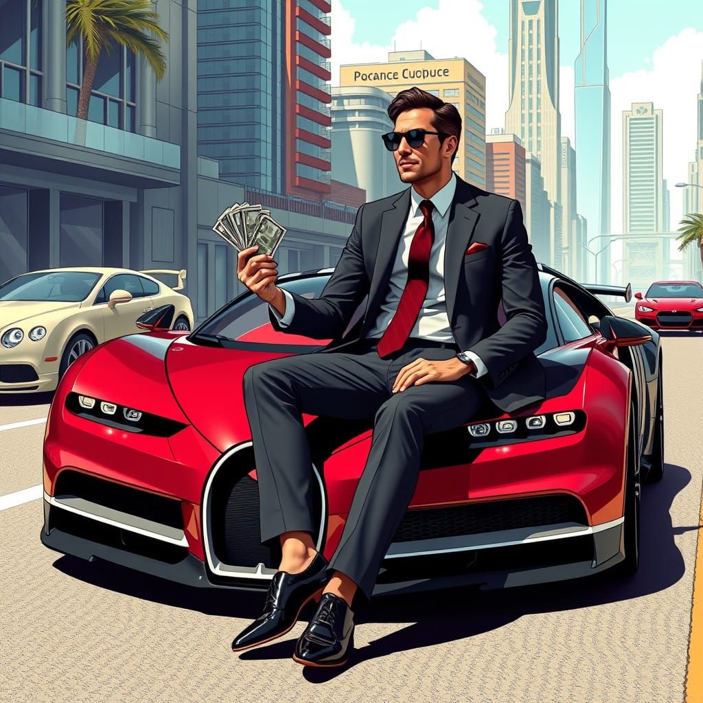 Businessman on Bugatti in Futuristic Cityscape
