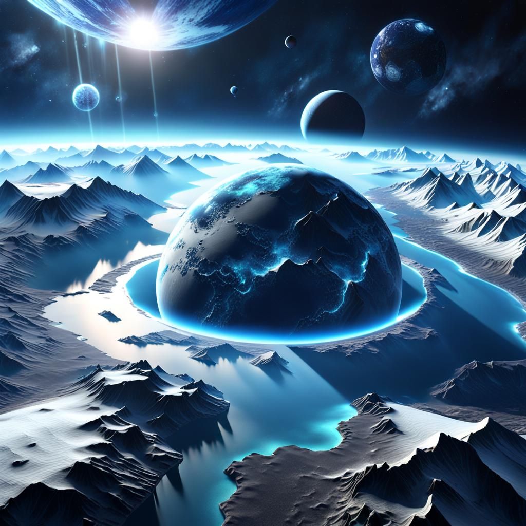 Icy Blue Planet Seen From Space in 3D
